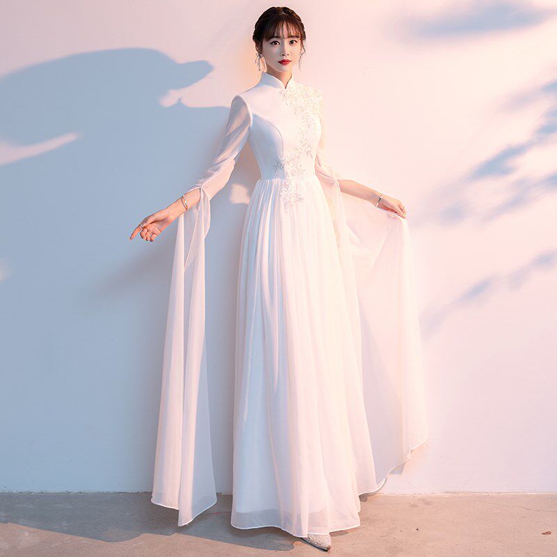 优选学生大合唱j演出服女长裙飘逸白色古筝表演服装成人合唱团气