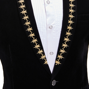 优选男士 平绒电脑绣花镶边青果领黑色丝绒西服Q舞台演出主持人主