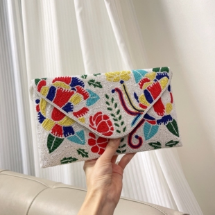 现货印度手工重工钉珠窗花手拿手提袋刺绣串珠斜跨单肩腋下信封包