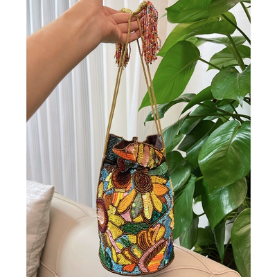 现货印度手工钉珠向日葵手提袋珠绣亮片斜挎水桶包串珠法绣手拎包