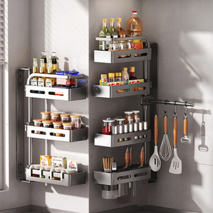不锈钢厨房置物架上墙壁挂式免打孔调味料架转角旋转多功能收纳架
