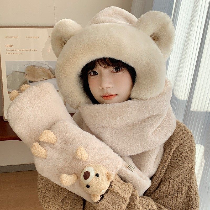 M 刺绣加大口袋围巾帽子手套三件套秋冬保暖百搭可爱男女通用防寒