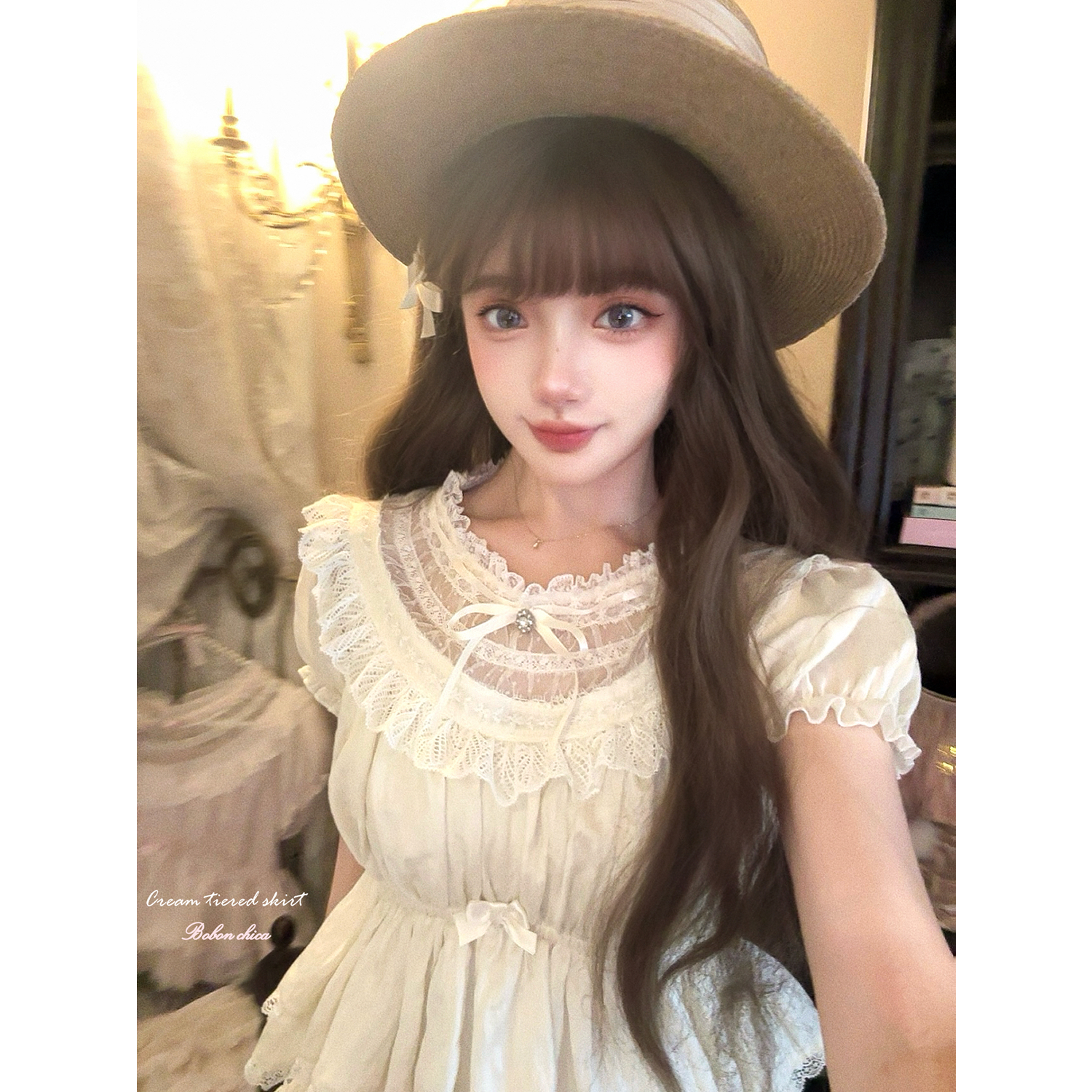 法式少女古董蕾丝天丝醋酸娃娃衫