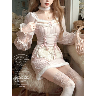 莉摩Bobon21雪绒芭蕾古董毛绒拼接针织连衣裙D2440