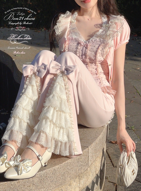 莉摩Bobon21蔷薇庄园 法式少女蝴蝶结多层蕾丝微喇显瘦长裤B2327N