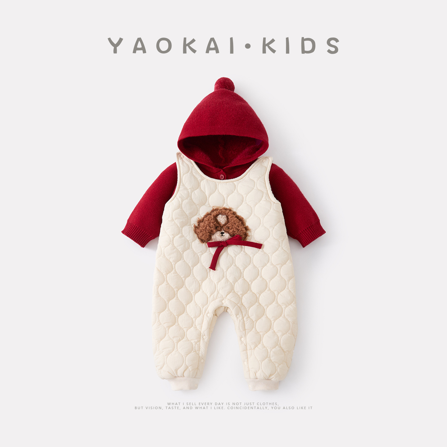 2025冬季新款婴幼儿绗棉加绒背带裤套装女宝宝加厚小狗爬服两件套