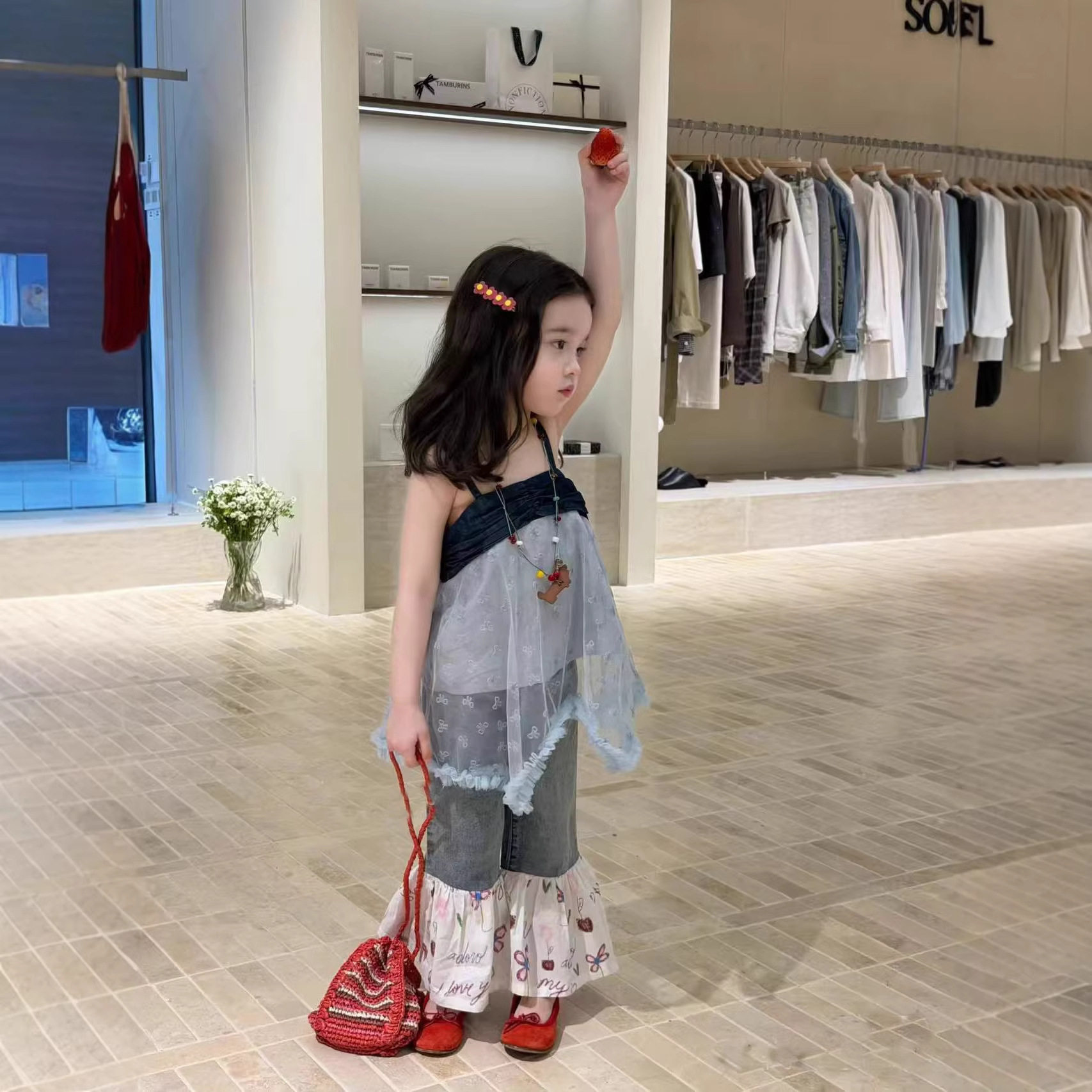 韩版童装26夏季甜美女童网纱拼接碎花吊带裙女宝洋气拼接牛仔裤子