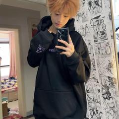 国潮春季小火苗刺绣连帽卫衣男女新款加绒加厚学生情侣百搭潮帽衫