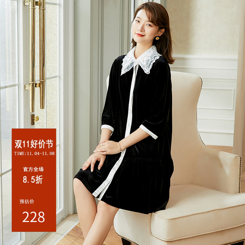 七分袖连衣裙秋冬款女2023年新款欧根纱刺绣领洋气时尚丝绒A字裙