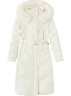 爱泽25冬中长款羽绒服女可拆卸毛领连帽收腰系带外套45Y16975