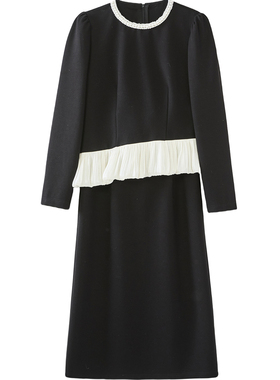 爱泽25冬法式小香风黑色连衣裙女长袖拼接荷叶边气质裙42N97275