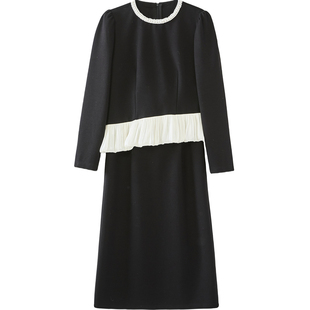 爱泽25冬法式 拼接荷叶边气质裙42N97275 小香风黑色连衣裙女长袖
