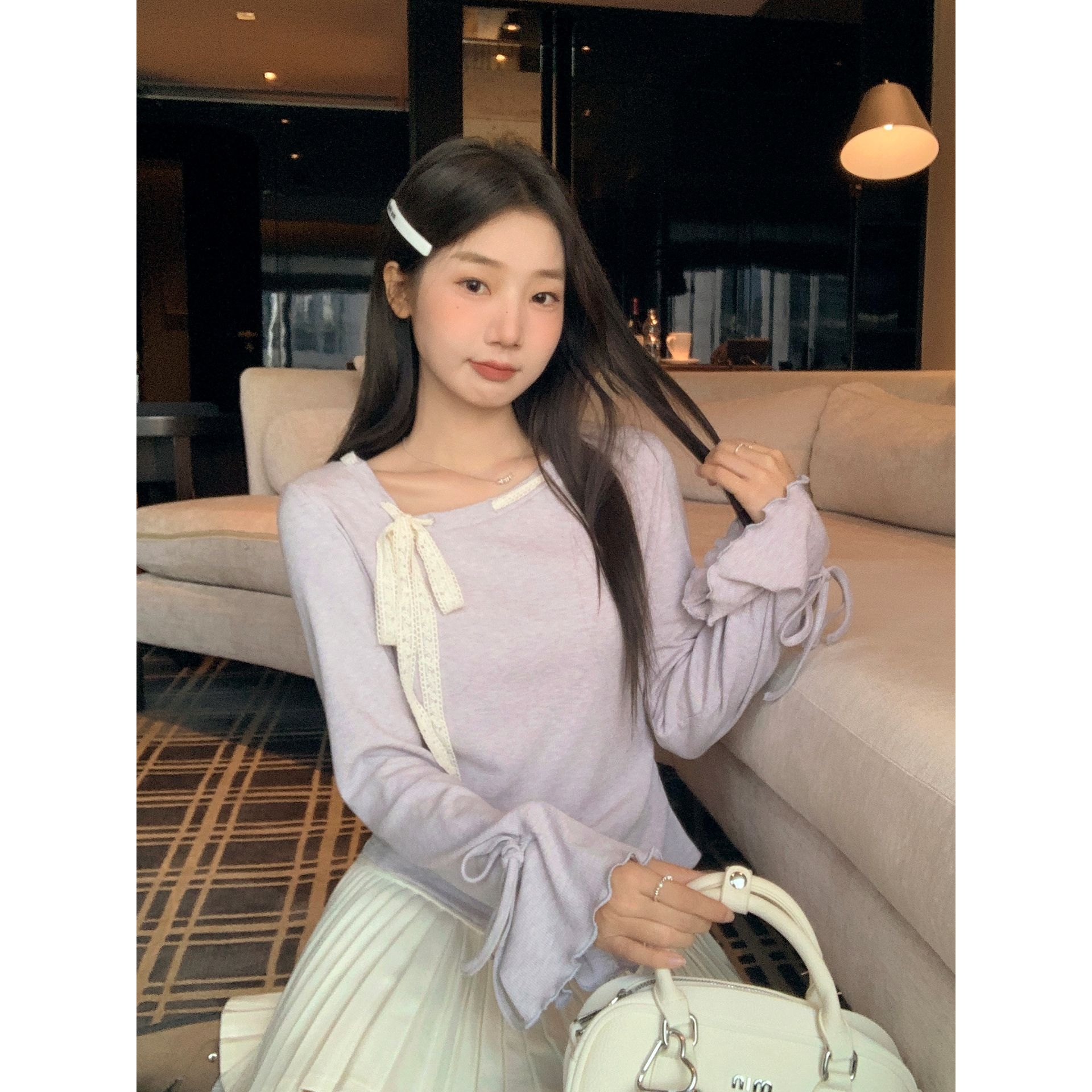 浅紫色蕾丝蝴蝶结拼接内搭针织衫女2025年早秋褶皱抽绳打底衫上衣
