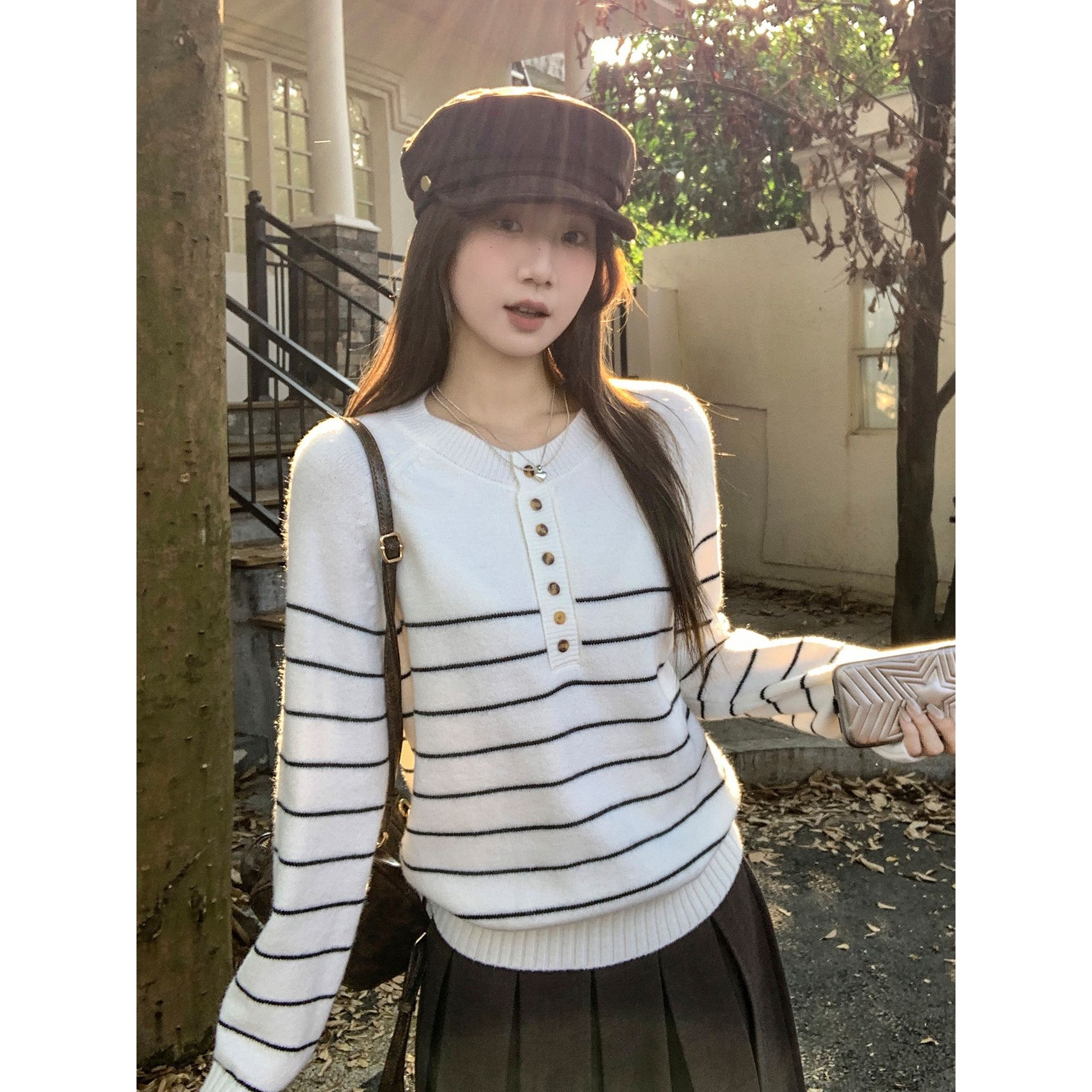 条纹半开领针织加厚套头毛衣外套2025年秋冬季宽松设计感长袖上衣