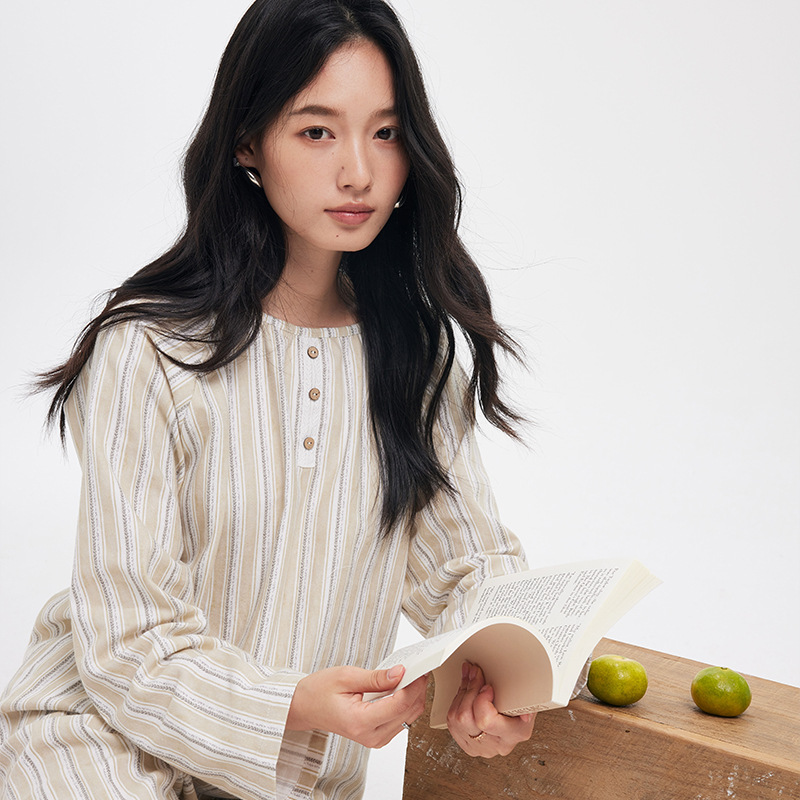 秋冬纯棉家居服女基础款软糯圆领套头上衣长裤套装条纹印花睡衣