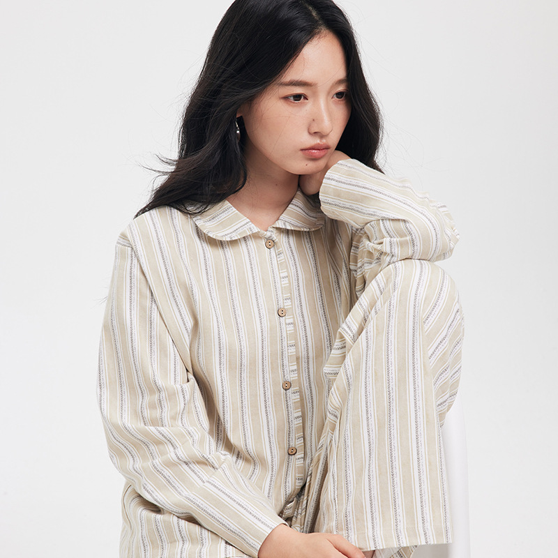 秋冬纯棉家居服女2025新款长袖开衫长裤套装条纹印花休闲外穿睡衣