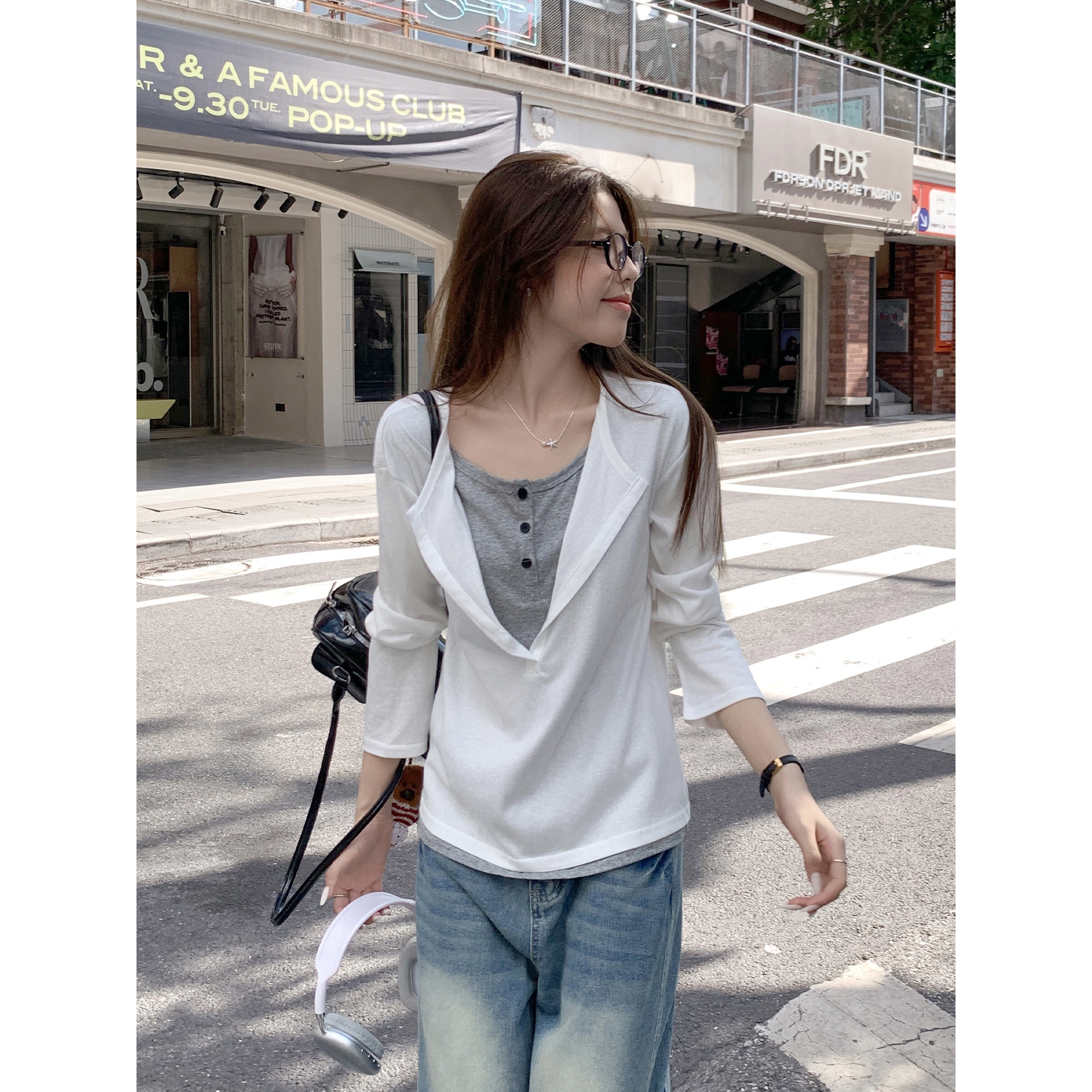 假两件半开领慵懒感内搭长袖T恤女2025年秋季新款正肩打底衫上衣