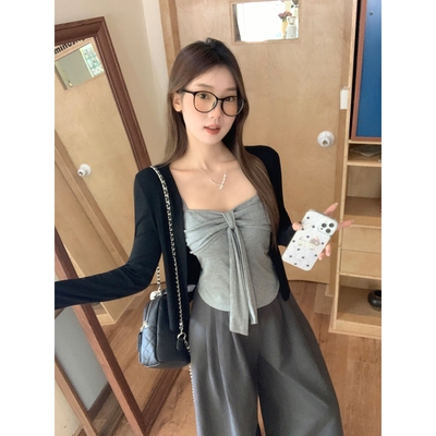 灰色蝴蝶结绑带无袖背心吊带夏季新款带胸垫一体设计感修身上衣女