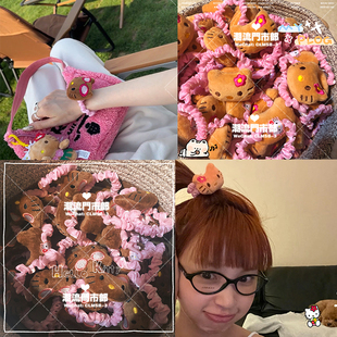 包邮 女明星黑皮kitty可爱俏皮少女心丝绸发圈发绳