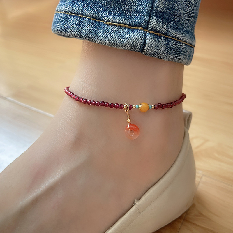 天然石榴石脚链女孩2023年新款高级感小众设计脚饰脚镯足链-封面