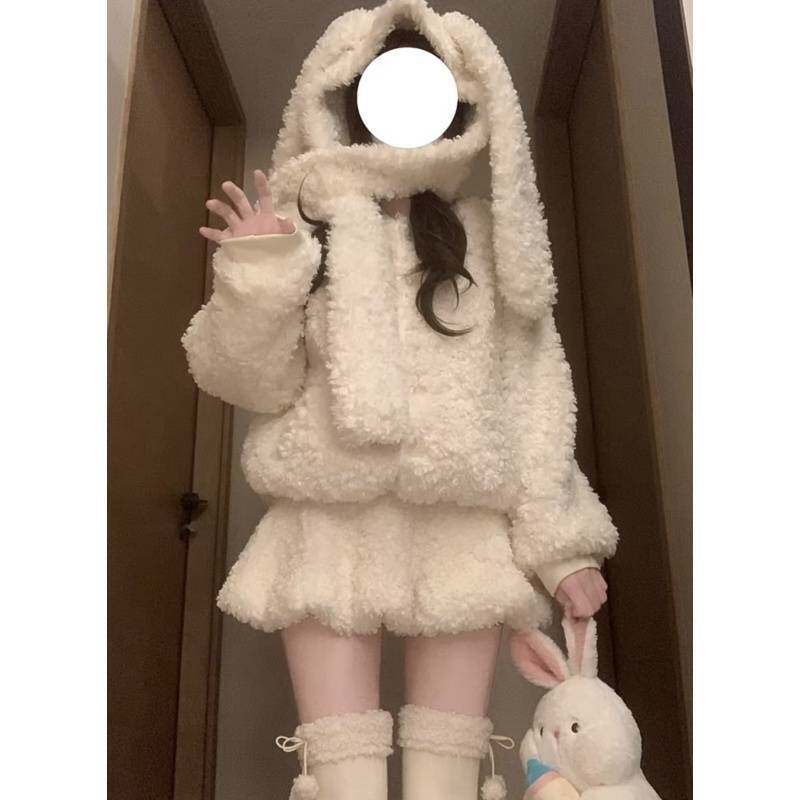 冬日可爱少女甜美减龄兔耳朵羊羔毛外套高腰短裙洋气套装裙ins风