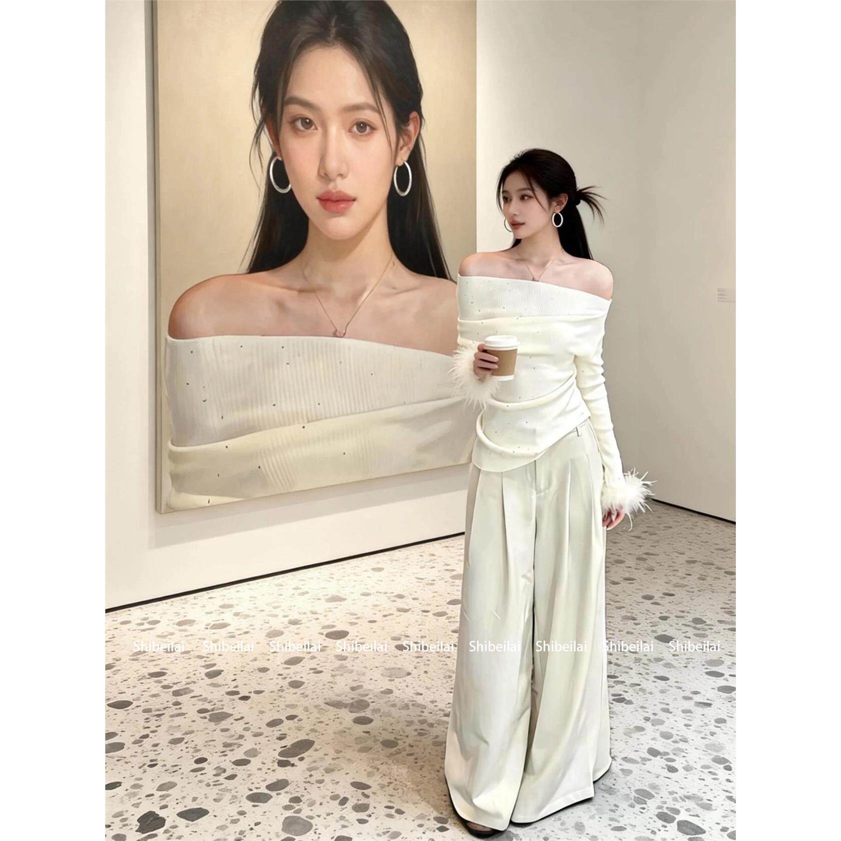 韩系温柔风一字肩长袖T恤女时尚小众别致设计感纯色修身上衣ins潮