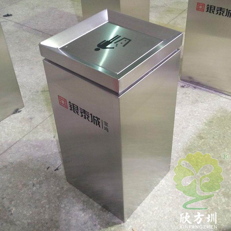 室内商用带盖有盖方形不锈钢垃圾桶小区写字楼金属本色果皮箱单筒