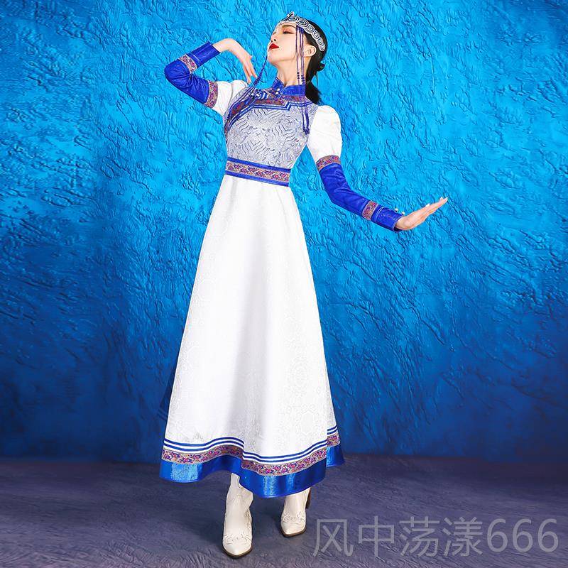 正品蒙古舞女英雄民内服装民俗舞蹈台表演长袍白色新娘伴族娘婚纱图片