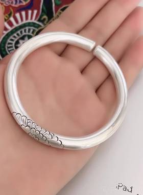 正品9工99银手镯足银纯实心原创设计牡丹 手私银人定制手镯女生日