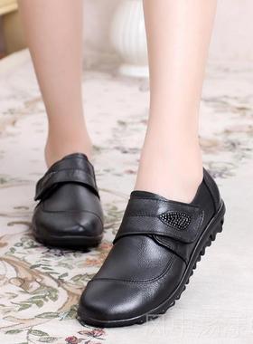 正品春秋单老年小码女中鞋33233深口鞋真皮防滑1平跟魔术贴妈妈皮