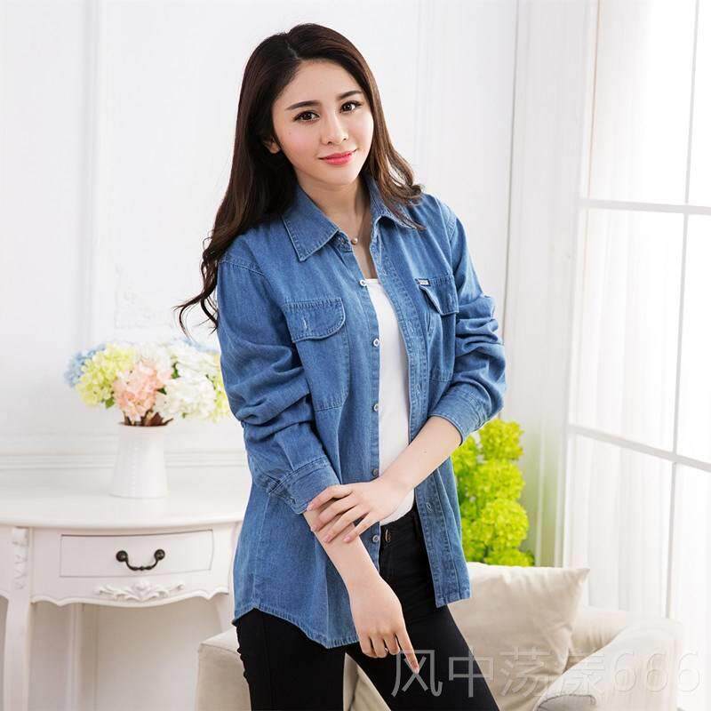 正品春季纯棉女长松袖牛仔衬士衫薄款上衣宽百搭加大码水洗套外工