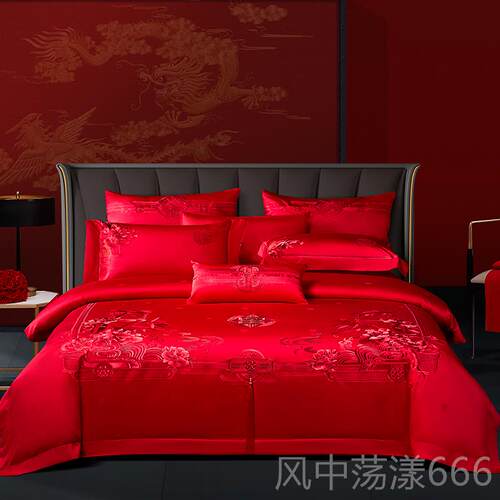 正品140s支全棉绒棉婚长庆四件套品被套大红色床上用新式结婚十中