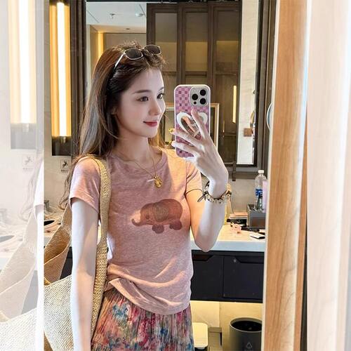 韩系粉色小象印花正肩短