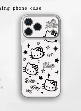 苹果iPhone17小羊皮手机KITTY猫咪简约黑白保护套适用于小米17一加Ace5至尊版华为Nova15OPPO