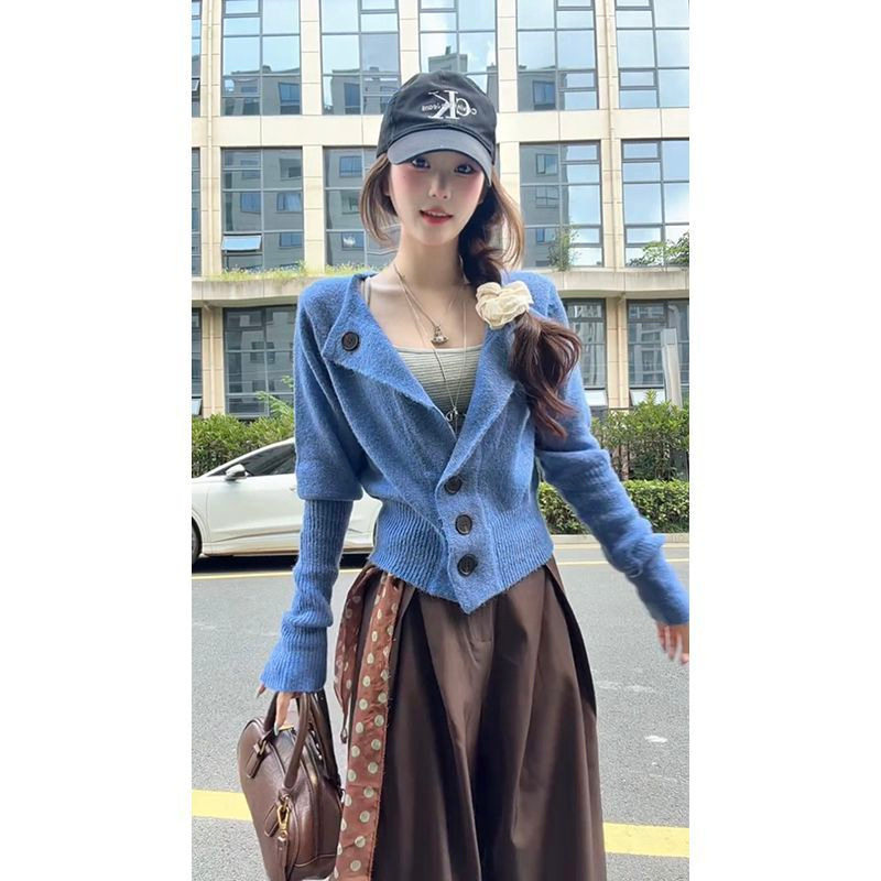 韩系早秋季蓝色针织开衫