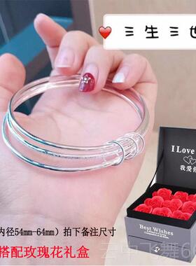 正品口手镯三生Iii年轻风格999纯银日实心薄银圈闭生情人礼物手镯