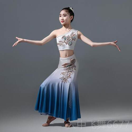 正品裙傣舞蹈族服装女童艺考修身包臀鱼尾民儿童孔雀舞族蹈演出服