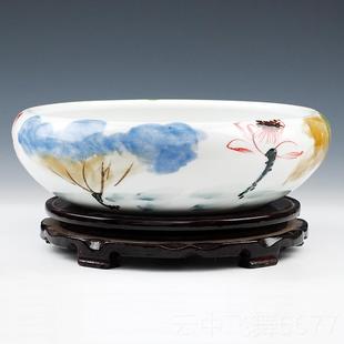 正品景镇陶瓷器 青手绘写意水德浅金鱼缸盆养花水仙荷花莲 睡家居