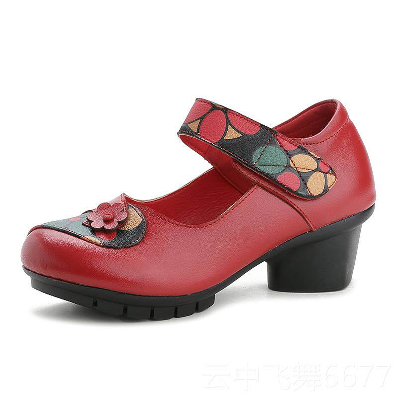 正品秋季新老款民印族风真皮女鞋花妈妈鞋中跟皮中年鞋透气防滑单
