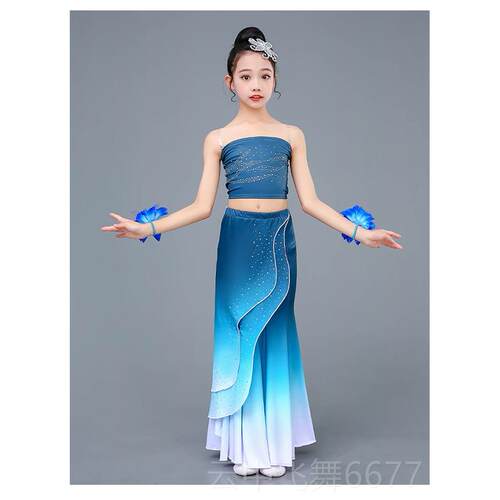 正品傣族舞蹈服装新儿童民艺考练功服孔雀舞包臀鱼尾款裙演出表族