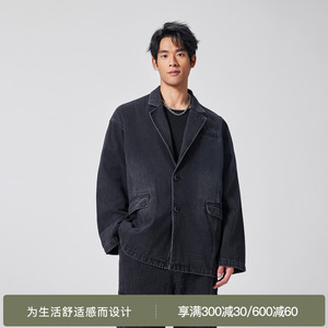 BODYDREAM BM复古水洗牛仔外套男西装领宽松休闲大码做旧刺绣夹克