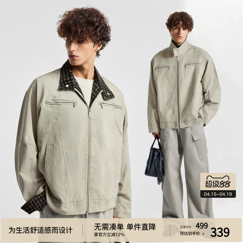 BODYDREAM新款重磅帆布哈灵顿夹克男老钱风千鸟格水洗立领外套