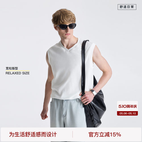 BODYDREAM夏季奢感v领无袖T恤男肌理感透气健身背心宽松休闲坎肩
