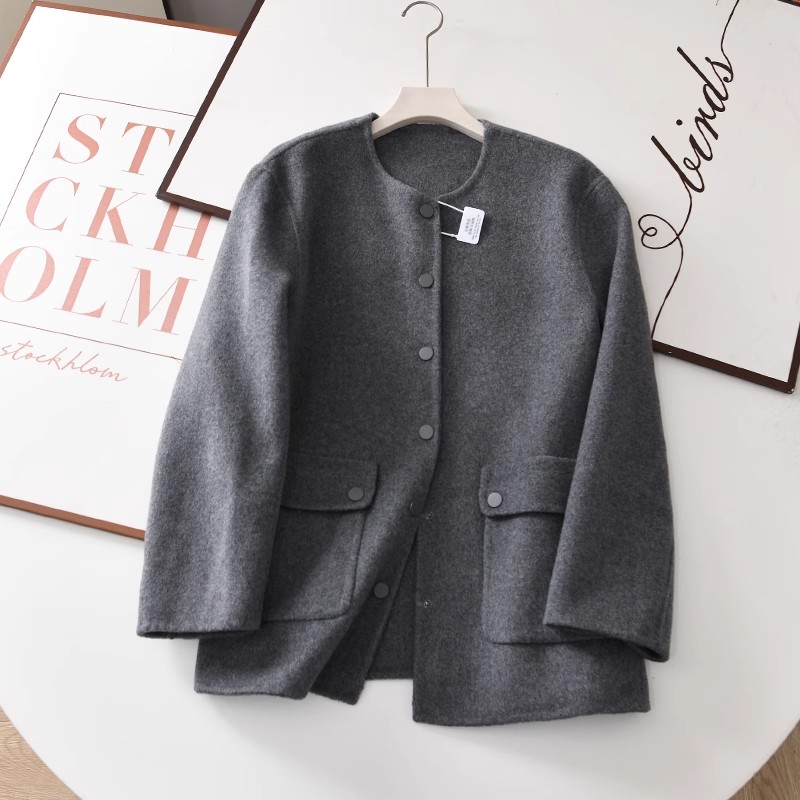 轻奢气质！篙端羊毛双面呢大衣女24秋季新款中长款圆领毛呢外套