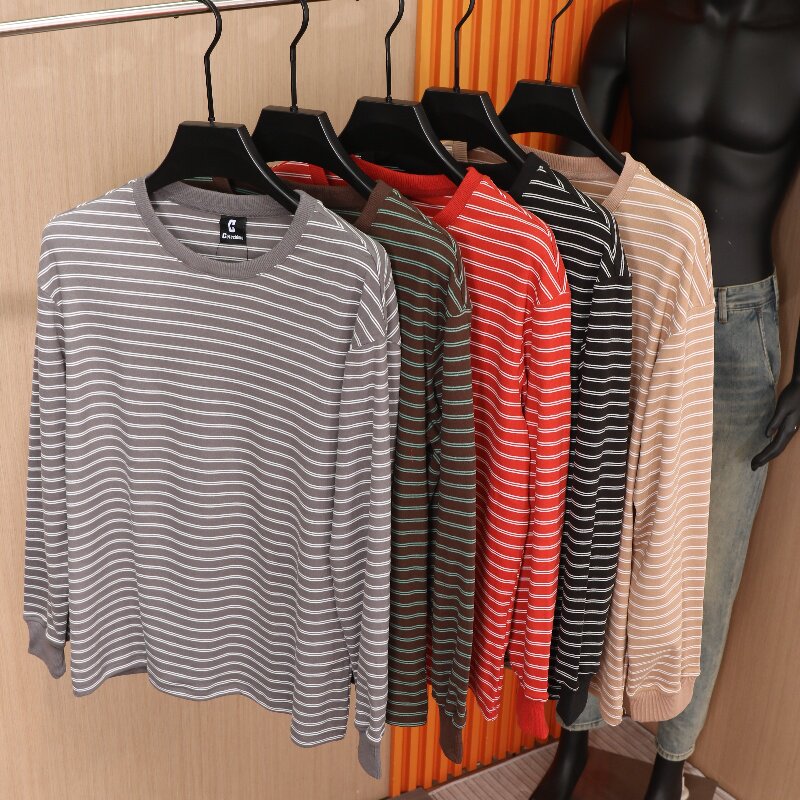 传写德绒条纹长袖打底衫T恤潮男