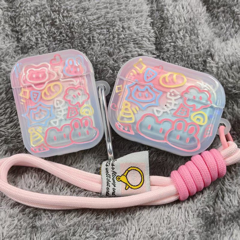 彩色涂鸦兔兔AirPodsPro3耳机保护套苹果airpodspro2蓝牙耳机保护壳透明防摔可爱airpods全系列通用
