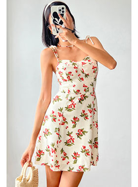 ws studios 法式复古绑带樱桃印花吊带高腰短裙女夏A字辣妹连衣裙