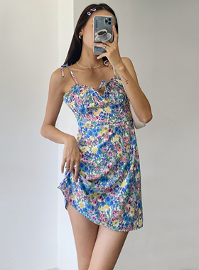 WS STUDIOS法式性感胸前系带撞色印花绑带吊带短裙收腰修身连衣裙
