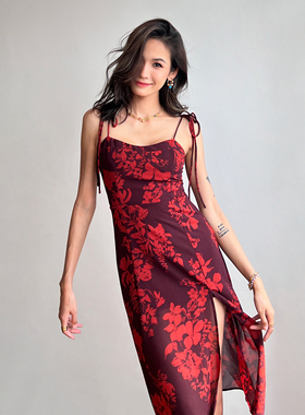 WS STUDIOS 法式复古收腰开叉绑带吊带连衣裙沙滩度假印花A字长裙