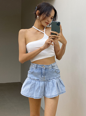WS 欧美复古可爱荷叶边裙摆高腰弹力A字水洗牛仔短裙防走光半身裙